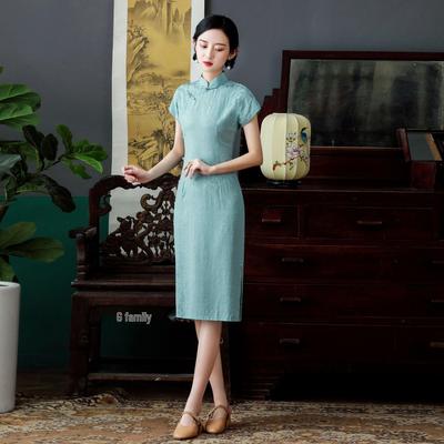 Cheongsam chinois rétro bleu amincissant à manches raglan en coton Tencel 2022