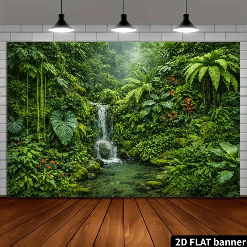 Tropical Rainforest Backdrop with Waterfall, Giant Leaves and Ferns Photography Background