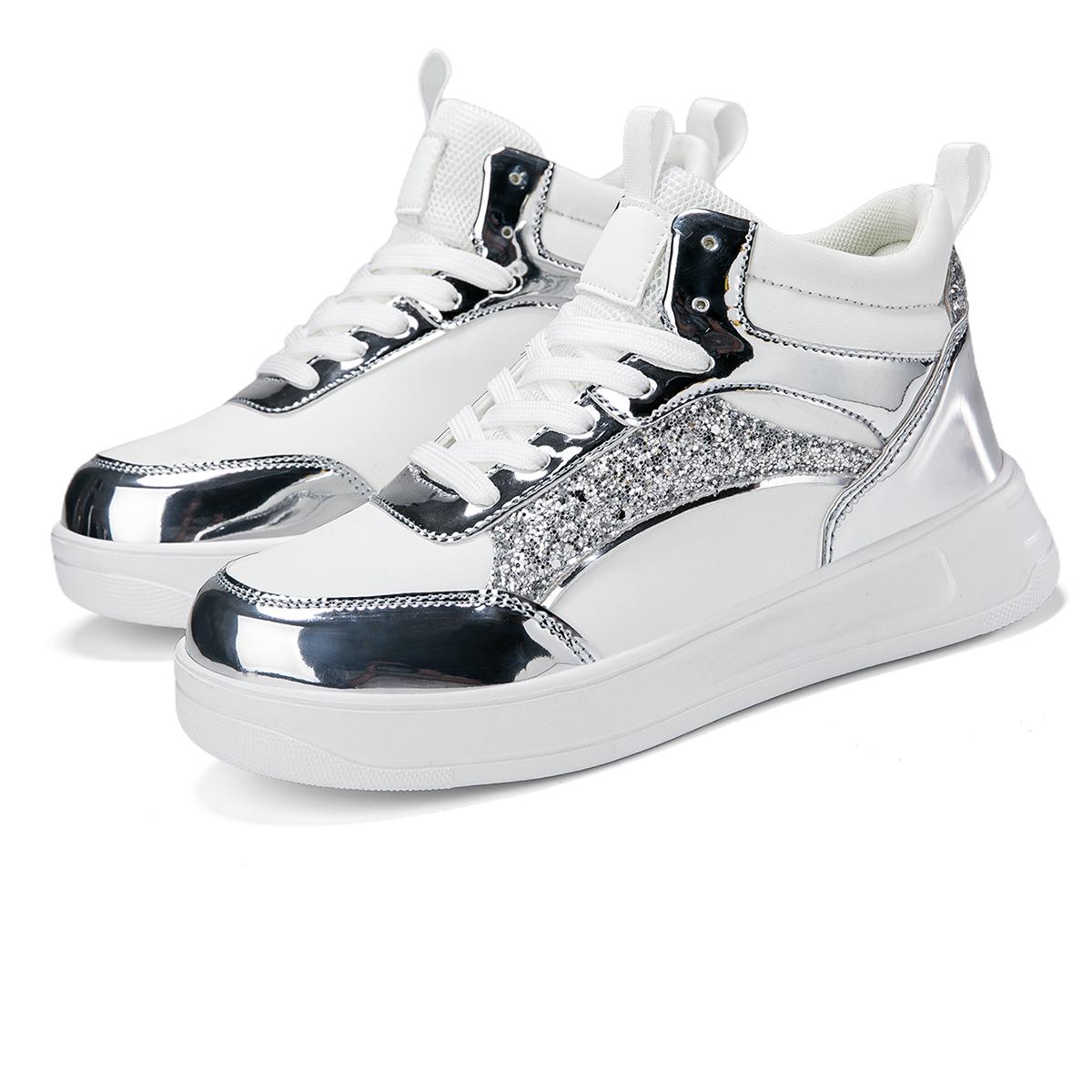 

MCTIN Белые высокие кроссовки Женские туфли Толстая подошва Блестящие скейт-кеды 40 серебряный