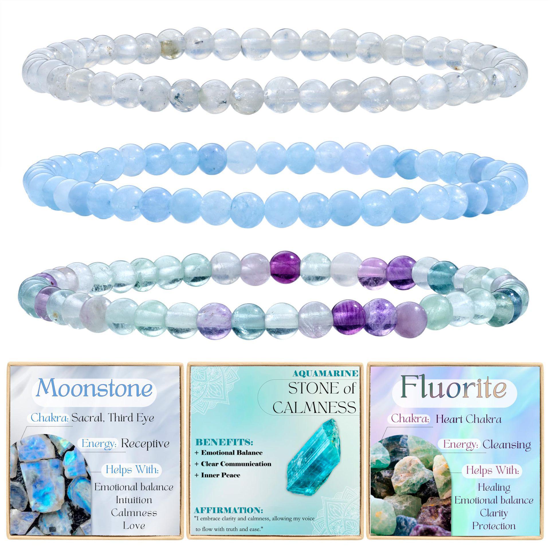 

Женский набор браслетов из натуральных камней: Халцедон, Аквамарин, Флюорит и Розовые Зебровые Кристаллы 4 мм