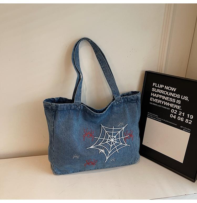 Vintage Gothic Anime Spider Web Printed Denim Bag Casual Commuter Large Capacity Shoulder Oblique Span Bag