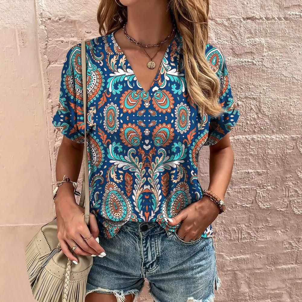 Summer Retro Women's T-Shirt Ethnic Print Short Sleeve Fashion V-Neck Tee Shirt Casual Harajuku T Shirt For Ladies Streetwear