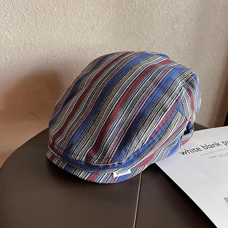 Vintage Striped Cotton Duckbill Cap With Adjustable Fit For Casual Spring Autumn Wear