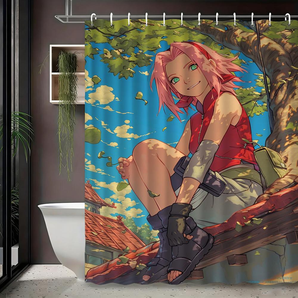 2D Flat Naruto Anime Sakura Haruno Tree Village Scene Print Waterproof Shower Curtain For Bathroom Decor