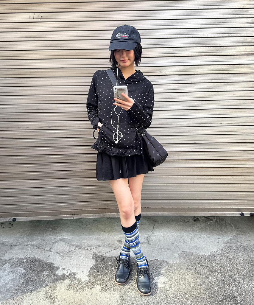 Frill Ribbon Hoodie Black Dot