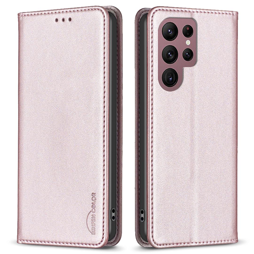 

BINFEN COLOR BF18 For Samsung Galaxy S22 Ultra 5G PU Leather Phone Cover Card Holder Stand Hidden Magnetic Adsorption Case Rose Gold
