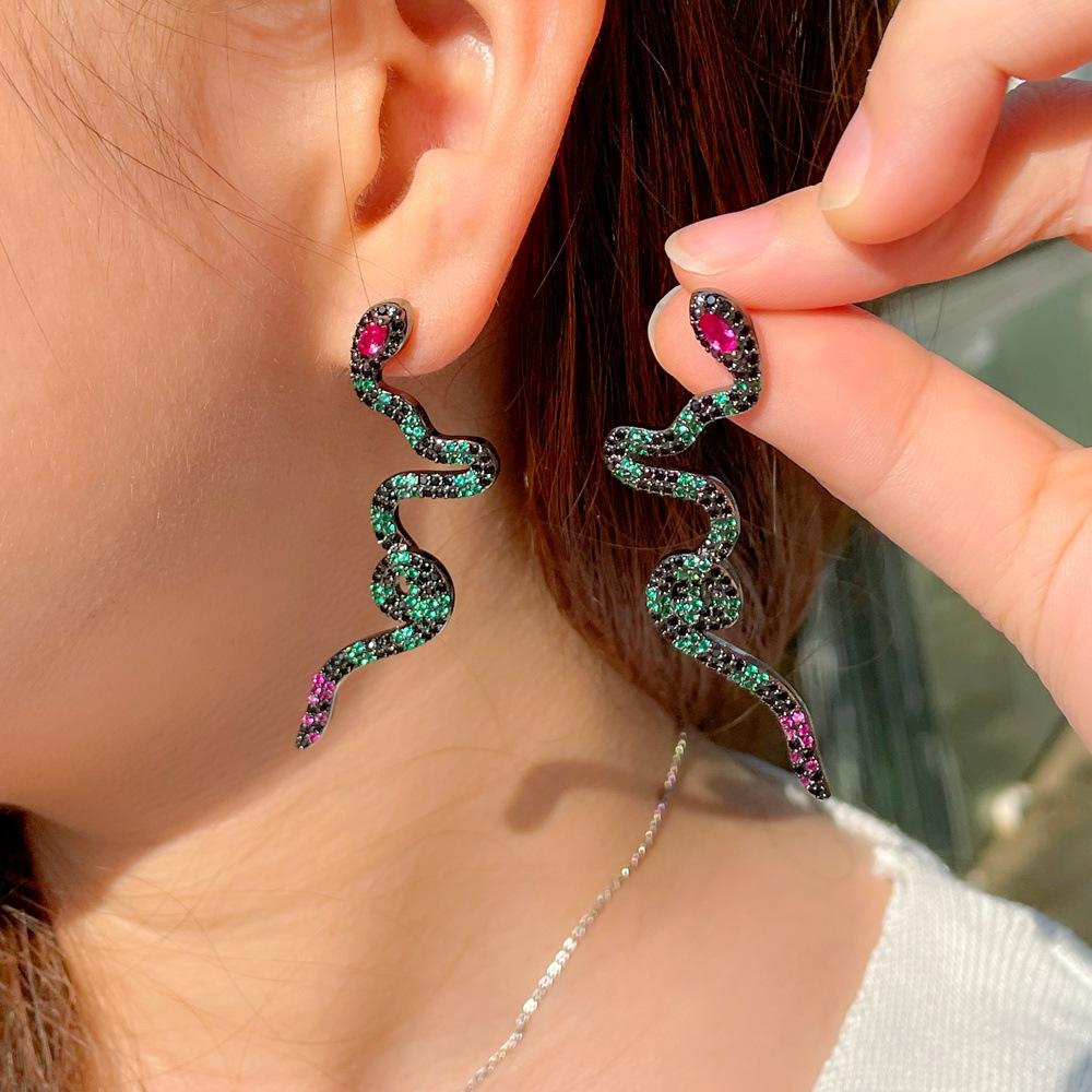 Gun Black Snake Wrap Greenstone Red Eye Earrings Earrings Personalized Zircon Long Temperament Earrings Popular Accessories