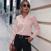 Women Shirt Lapel Long Sleeve Faux Pearl Decor Regular Fit Shirt Solid Color Simple Lightweight Blouse