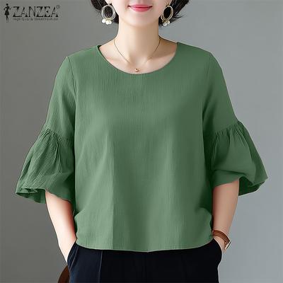 Women Casual Round Neck Loose 3/4 Sleeve Solid Blouse