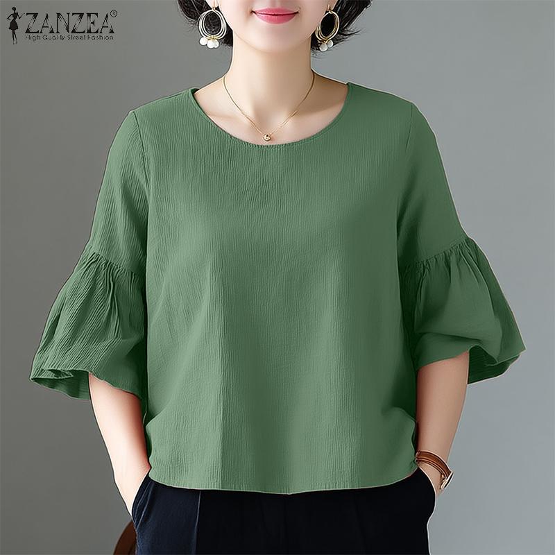 ZANZEA Women Casual Round Neck Loose 3/4 Sleeve Solid Blouse