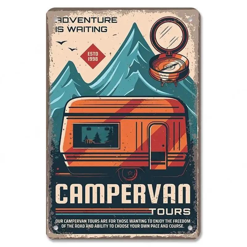 Camping  Adventure Plaques VintageMetal Tin Signs Plate Mountain Trip Campervan Tours Room Gym Sign Posters Wall Decor Travel