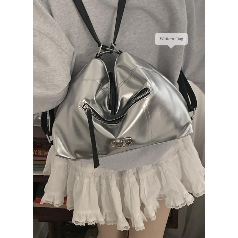 Korean Version of Casual Silver Backpack Bag Women's 2025 New Fashion Korean Version of Tote Bag Large-capacity Shoulder Commuter Bag
