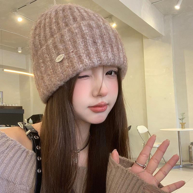 Blue wool hat women's autumn and winter versatile face small knitted hat big head circumference cold and warm bag head hat