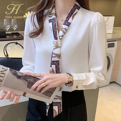 Bluzka Office Lady w jednolitym kolorze z dekoltem w serek, elegancka, ze sznurkiem do ściągania i kokardą, wiosenno-jesienna, damska, zapinana na guziki, szykowna, z trójwymiarową dekoracją koszula