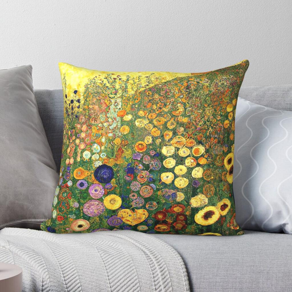 Gustav Klimt Blumengarten Quadratische Kissenhülle Polyester Leinen Samt Bedruckt Reißverschluss Dekoration Wurfkissenhülle Sofakissenbezug