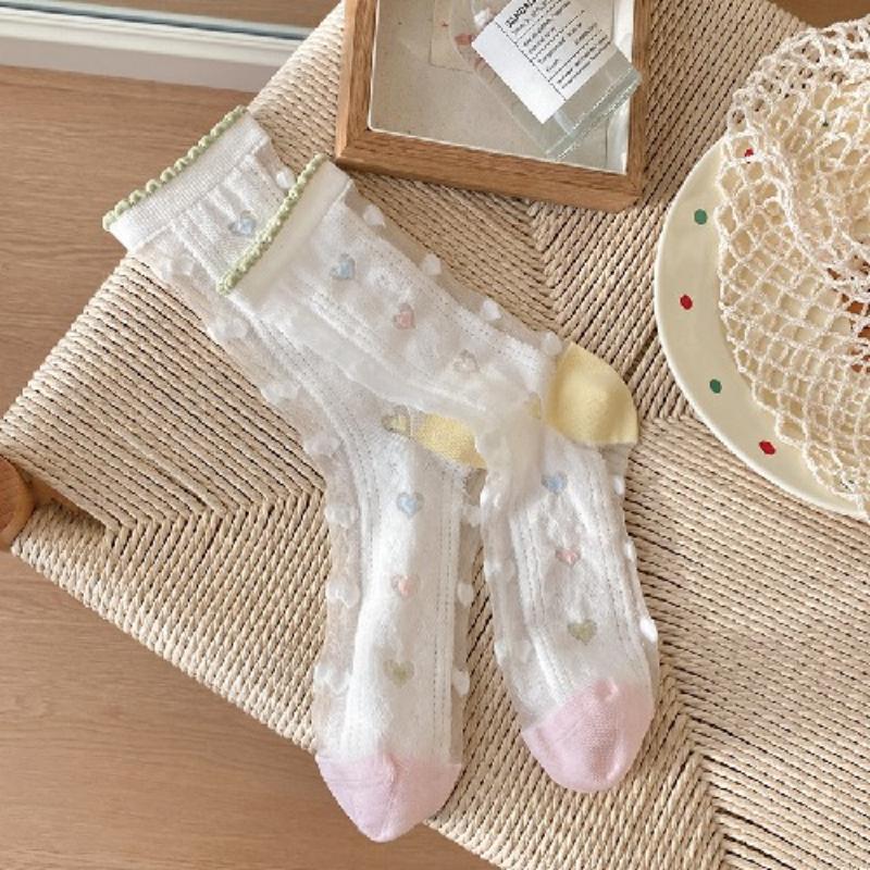 Ultra-thin Transparent Crystal Silk Socks Women Fashion Summer Harajuku Crew Socks Retro Flower Streetwear Elastic Long Socks
