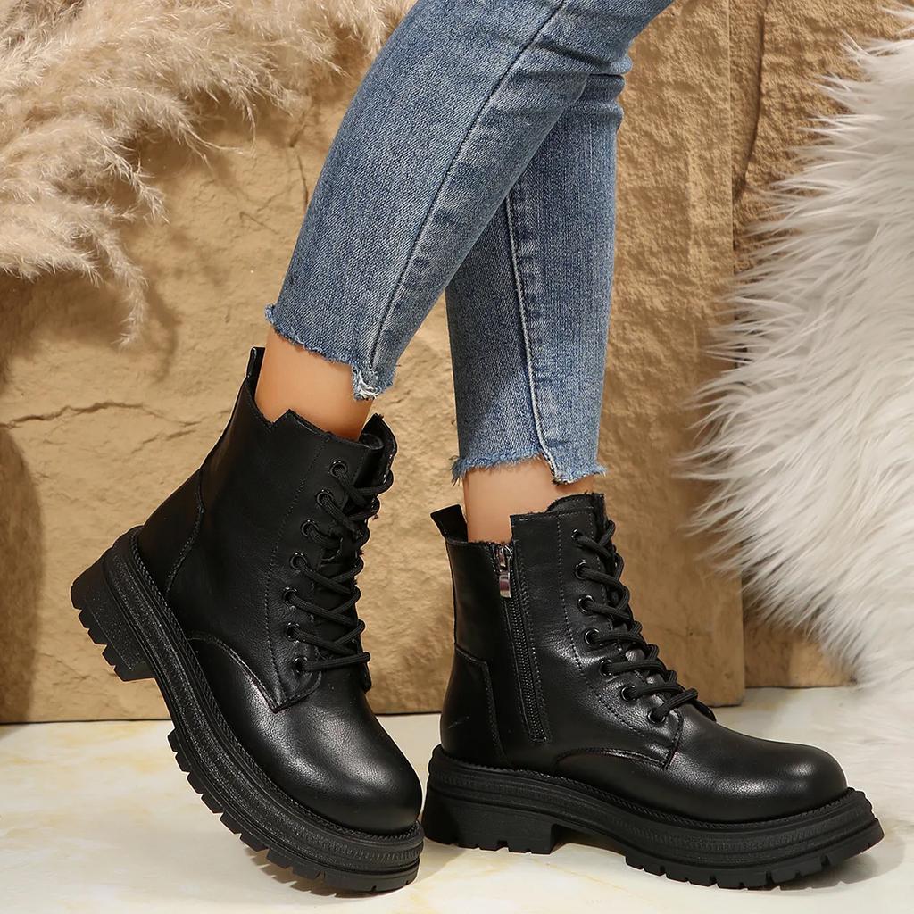 Fashion Plus Size Women's Ankle Boots Winter New British Style Plus Velvet Fashionable Square Heel Thick-soled Casual Motorcycle Boots