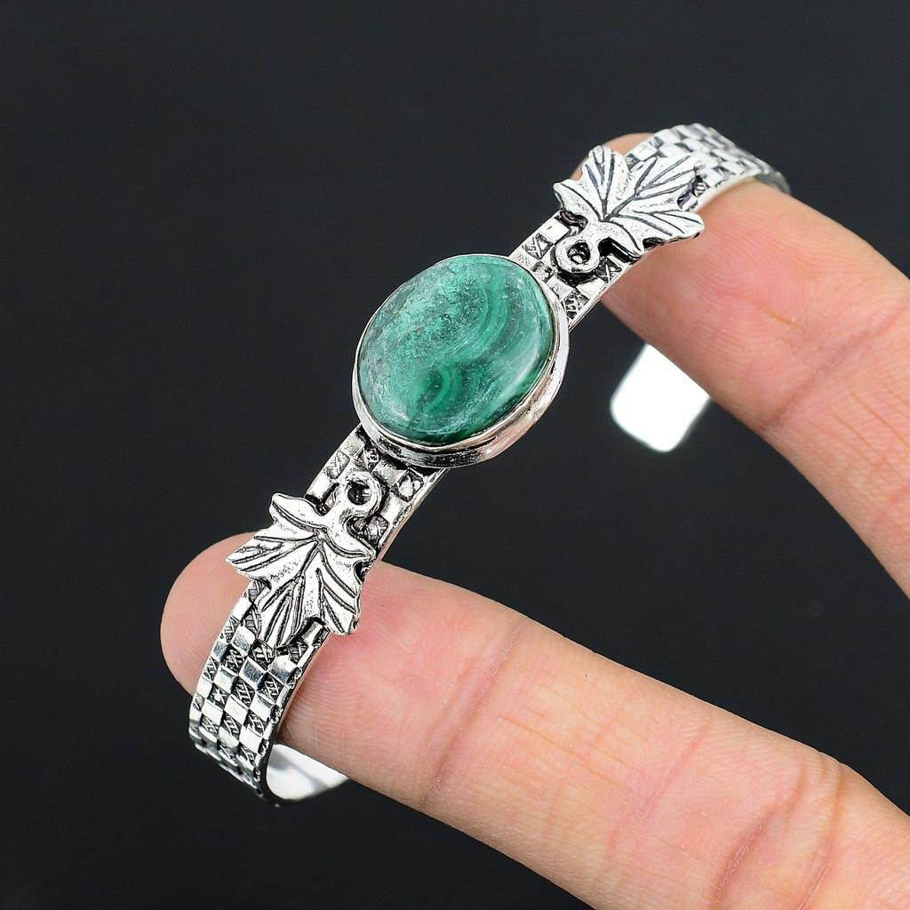 Natural Malachite Gemstone Bangle Adjustable 925 Sterling Silver Indian Jewelry