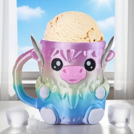 Highland Cow Ice Cream Pint Holder with 2 Spoons Penguin Ice Cream Holder Reusable Popsicle Containers Beer Can Holder for Kitchen Cafe Restaurant