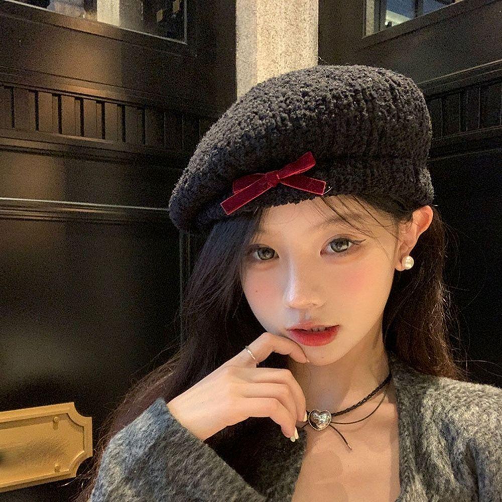 Bow Women Plush Beret Adjustable Newsboy Cap Retro Summer Tourism Beret  Autumn and Winter