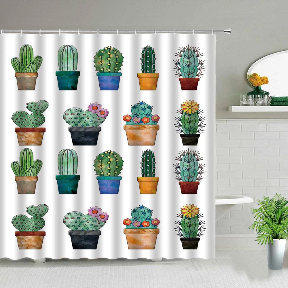 Hower Curtains of Textile Water Color Cactus Flower Tropical Plants Colorful Succulents Pattern Bathroom Shower Curtain Set