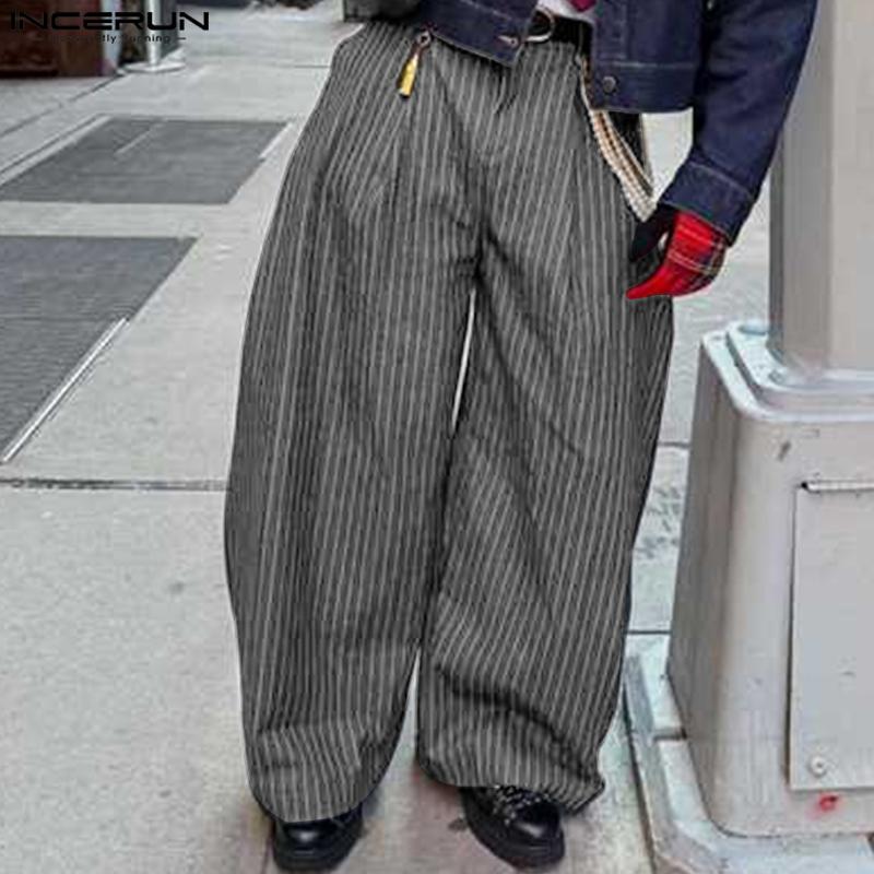 INCERUN Men Zip-up Waist Striped Loose Casual Baggy Pants Long Trousers