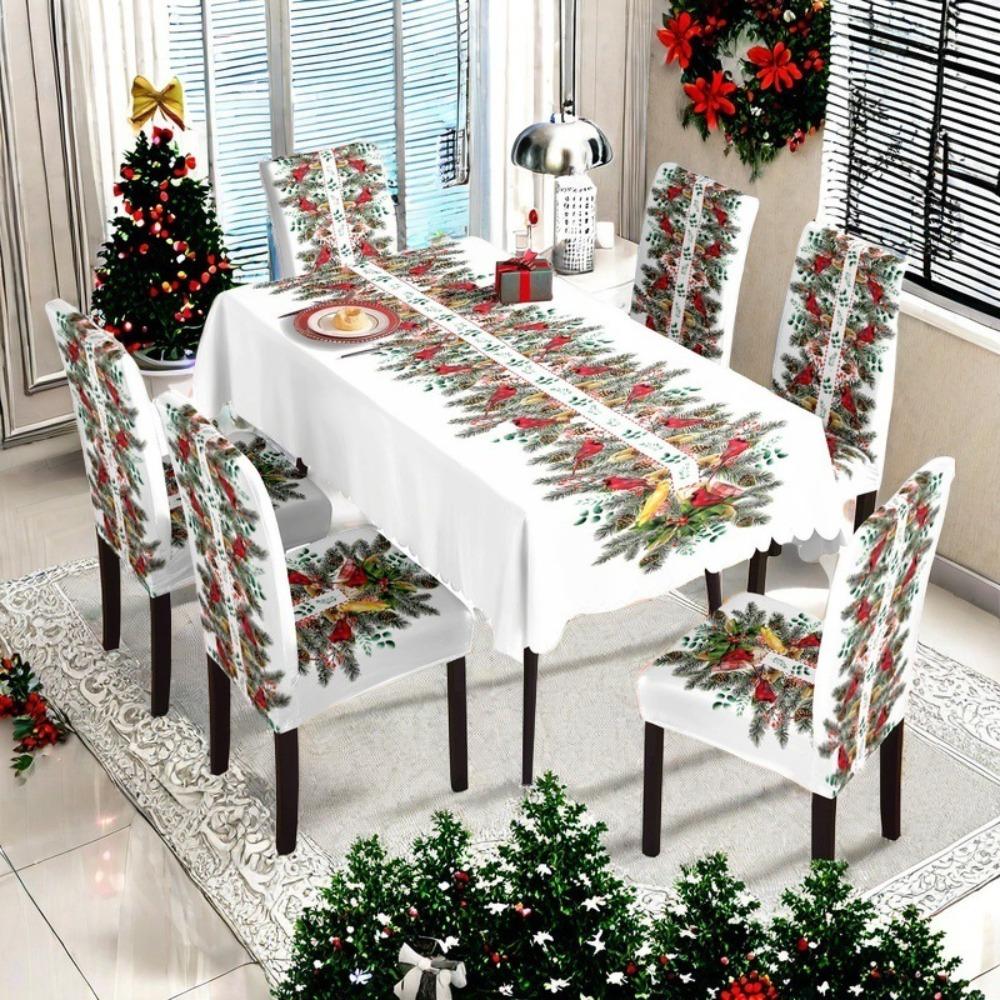 Christmas Waterproof Printed Tablecloth and Chair Covers Set Holiday Dining Decor