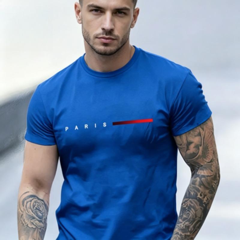 Unisexs Soft Cotton Tshirt Paris Split Letter Simple Red Stripe Print Short Sleeve Urban Streetwear Plain Tee Tops