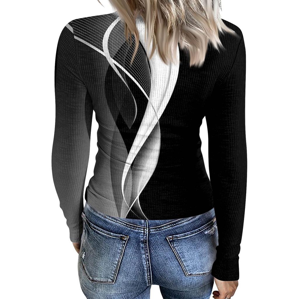 Women's Winter Slim-Fit Base Layer T-Shirt Fashionable Print V-Neck Pullover Long-Sleeved Top