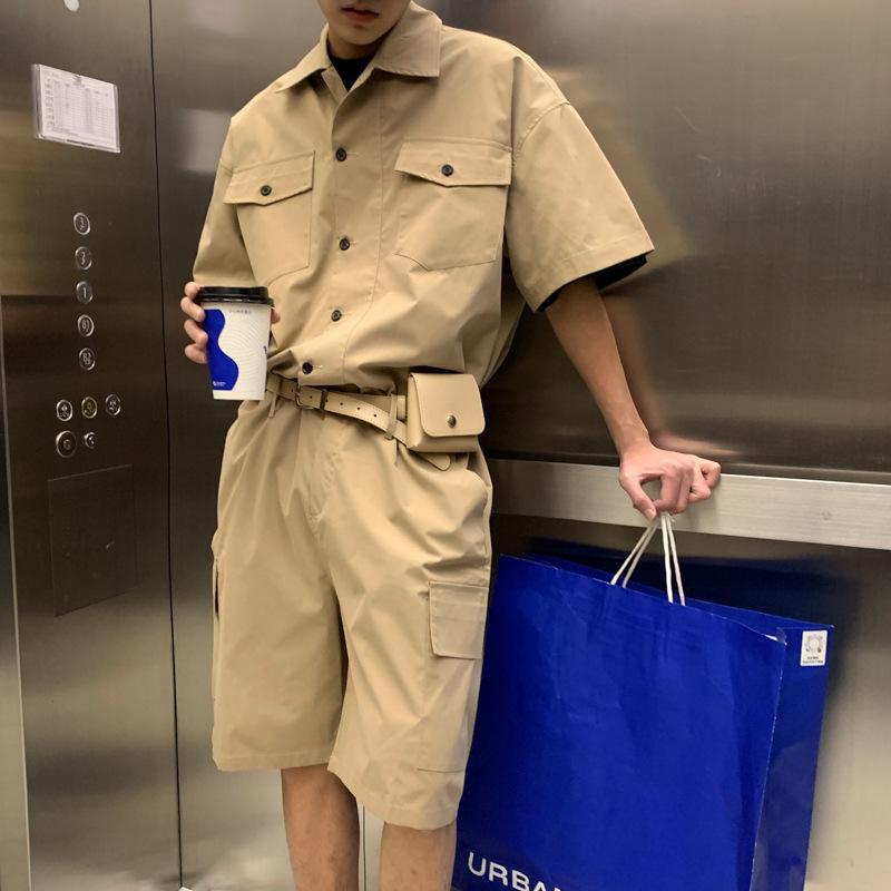 Conjunto de macacão casual masculino de manga curta