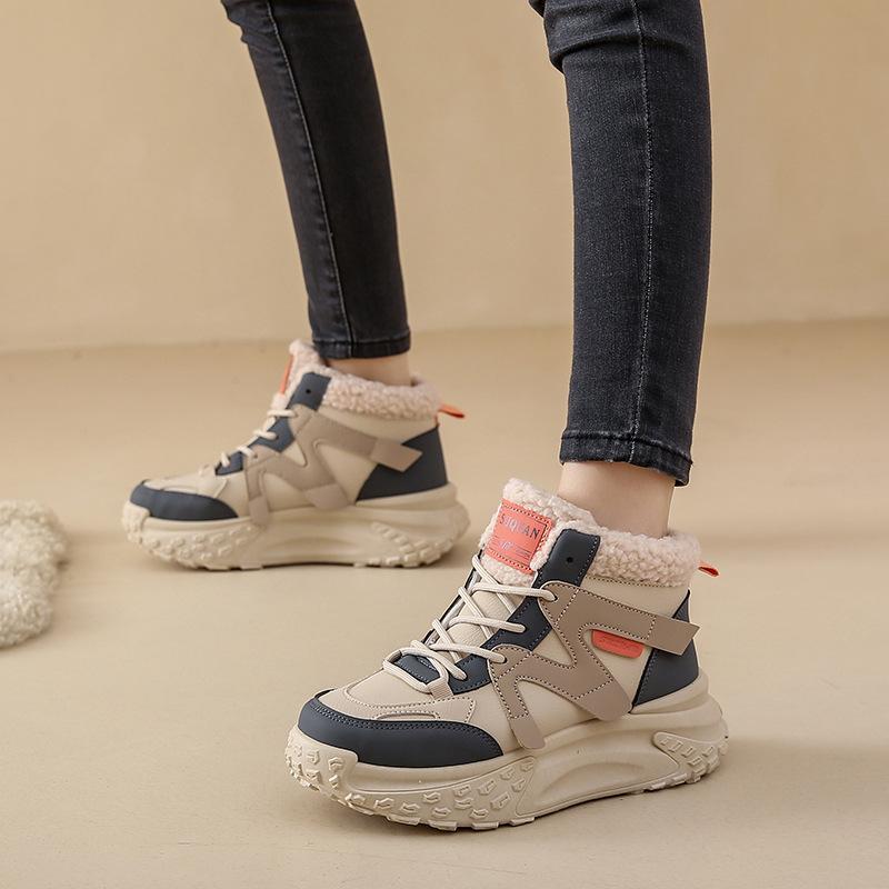 Women's high fashion fashion lightweight soft sole winter warm fur one snow boots padded lining non-slip casual sneakers cotton boots pops shoes