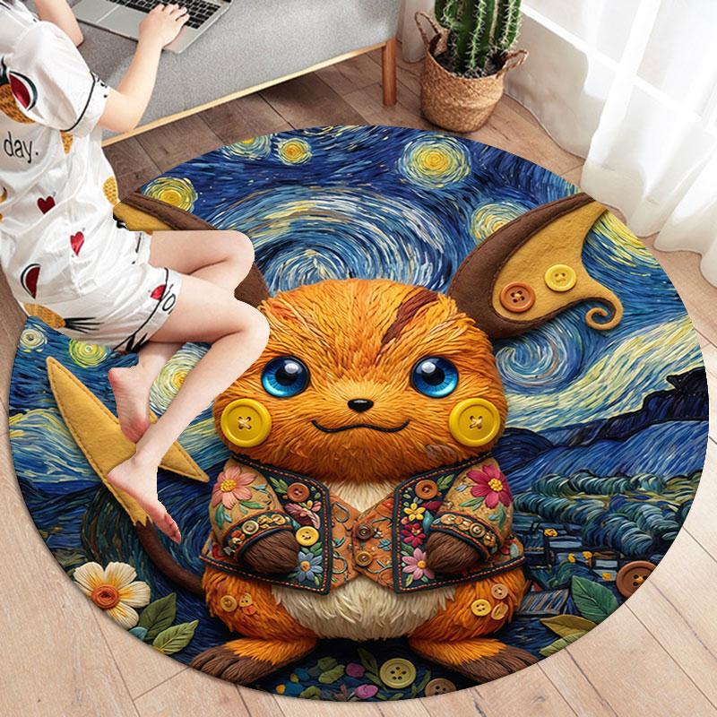 Felt Battle Pokemon Round Area Rug,Carpet Rug for Living Room Bedroom Sofa Playroom Decor,Non slip Floor Mat