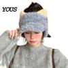 Soft Thick Warm Headwear Winter Visor Cap with Ear Flaps, Plush Beanies Brim, Open Top, Cozy Polyester Hat Cute Cat Ears Ponytail for Women