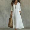 Rochie Maxi de Damă cu Volane, Decolteu în V, Mânecă Trei Sferturi Rulabilă, Broderie Florală, Aspect de In Larg