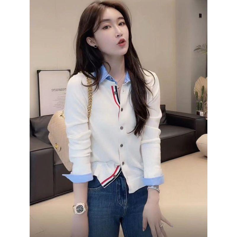 

Polo Long Sleeve Knitted Cardigan Slim Fit Sweater Fake Two-Piece White S