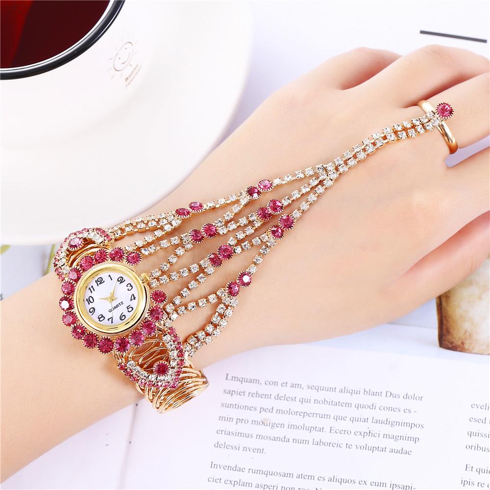 Ladies Quartz Wristwatch with Finger Ring Women  Bracelet Vintage Bangle Rhinestone Watch