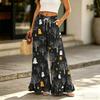 Women’s High Waist Drawstring Wide Leg Pants with Pockets Halloween Print Loose Fit Ruffle Hem Long Casual Trousers