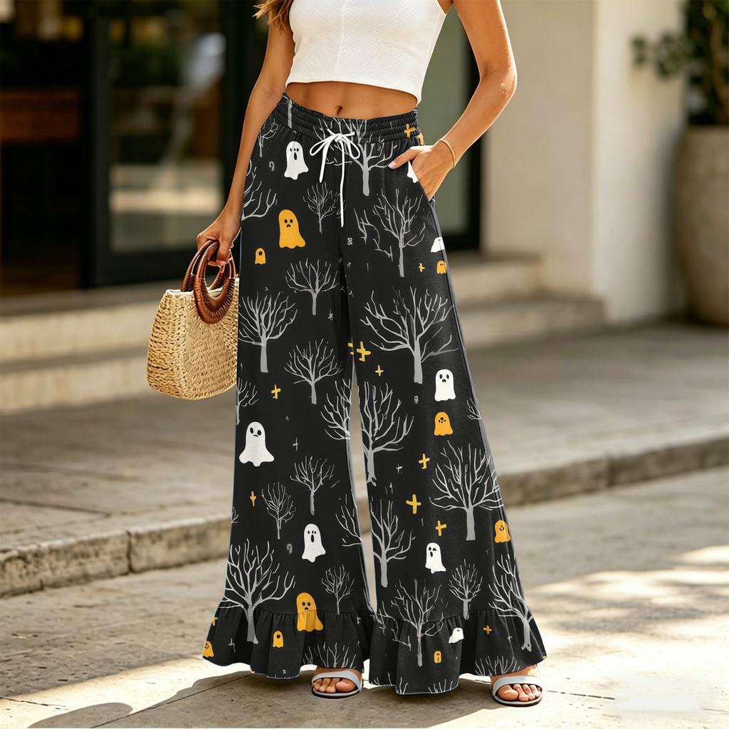 Women’s High Waist Drawstring Wide Leg Pants with Pockets Halloween Print Loose Fit Ruffle Hem Long Casual Trousers
