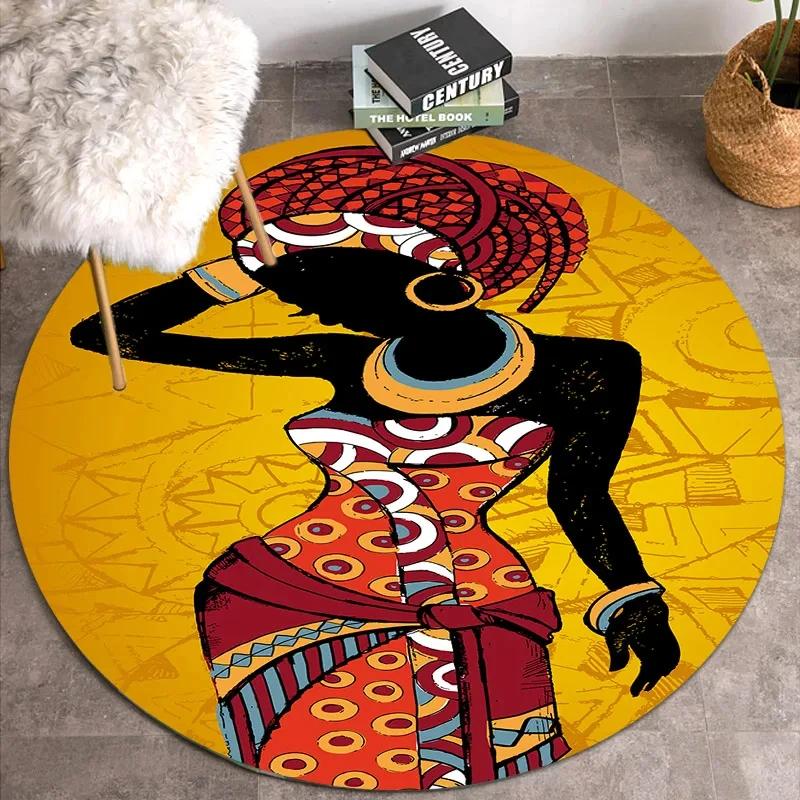 African Women Print Round Carpet Non Slip Area Rug for Living Room Bedroom Balcony Kitchen Decor Traditional Floor Mat Yoga Mats
