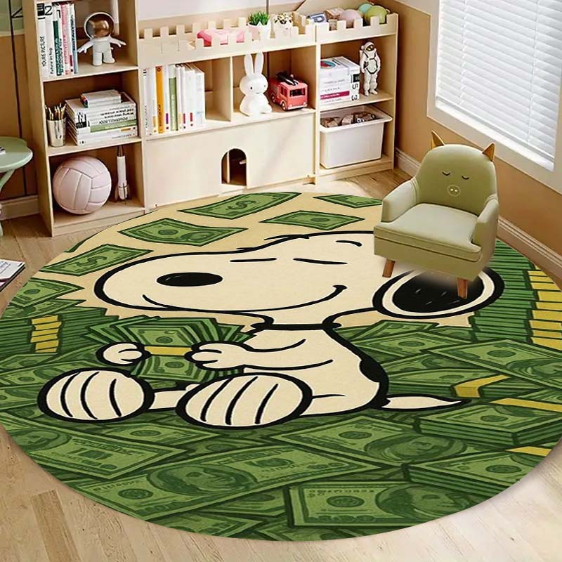 Kawaii Snoopy Round Rug Cute Cartoon Printed Circular Carpet Anti-Slip Floor Mat for Kids Room Nursery Decor