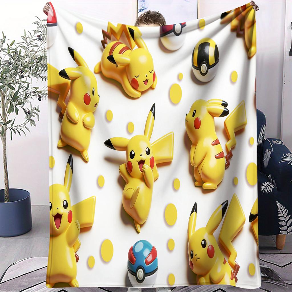 Cute Pokemon Pikachu AllOver Printed Flannel Throw Blanket Gift Winter Warm Blanket for Living Room Sofa Bed Camping Trip