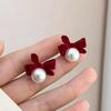 Fashion Flocking Bowtie Pearl Pendant Earrings French Stud Jewelry Earring Ear Bowknot Retro Velvet Bow Red New Year Girl 1PCS