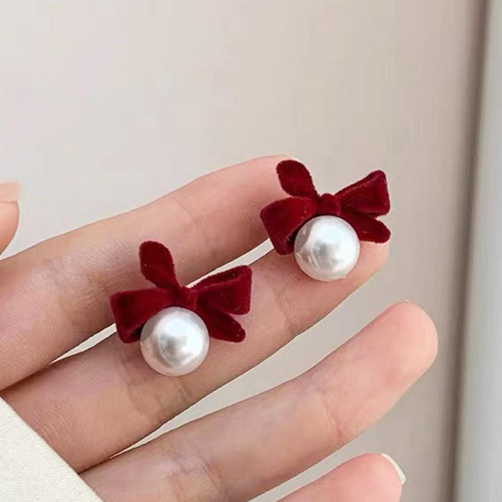 Fashion Flocking Bowtie Pearl Pendant Earrings French Stud Jewelry Earring Ear Bowknot Retro Velvet Bow Red New Year Girl 1PCS