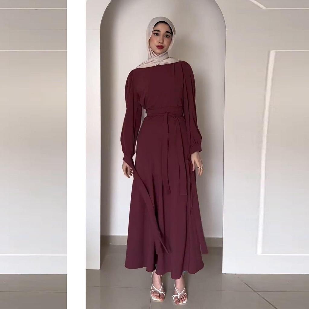 In Stock: 2024 Spring Dubai Long Sleeve Tie-Up Midi Dress Set