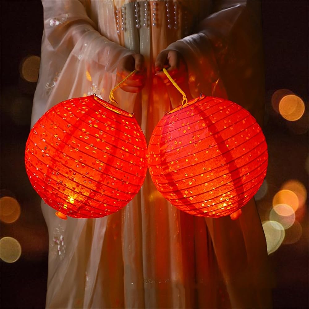 DUOLEIMI Paper Lanterns for Obon Festivals, Openwork Paper Lanterns with LEDs, Colorful, Set of 10 (30cm Round)