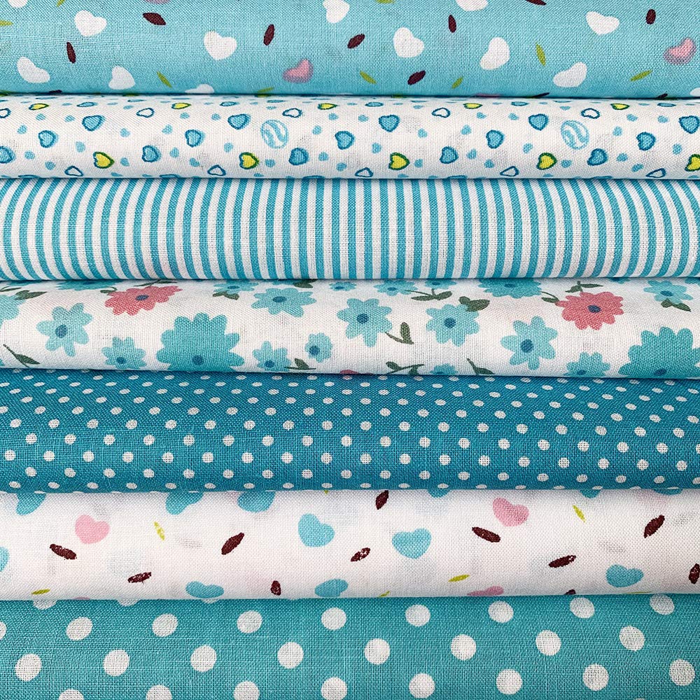 Floral Fabric Set Cotton Floral Patchwork DIY Craft Supplies 7-Piece (50x50cm, Blend) - Fabric, Scraps, Fabric, (Light Blue)