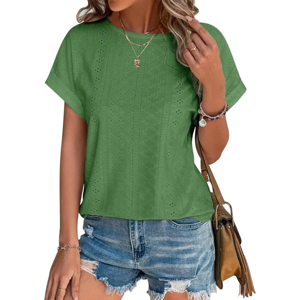 Top Eyelets Summer Spring Curved Hem, Casual Women's Short Sleeved Fashionable T-shirt Beach Vacation Short Style