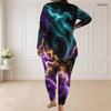 Women Plus Size Round Neck Long Sleeve Printed Longline Top Fitted Pants Two Piece Set