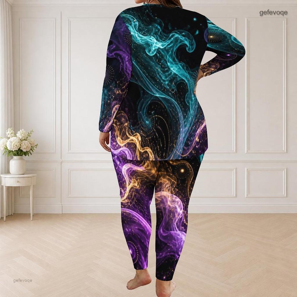 Women Plus Size Round Neck Long Sleeve Printed Longline Top Fitted Pants Two Piece Set