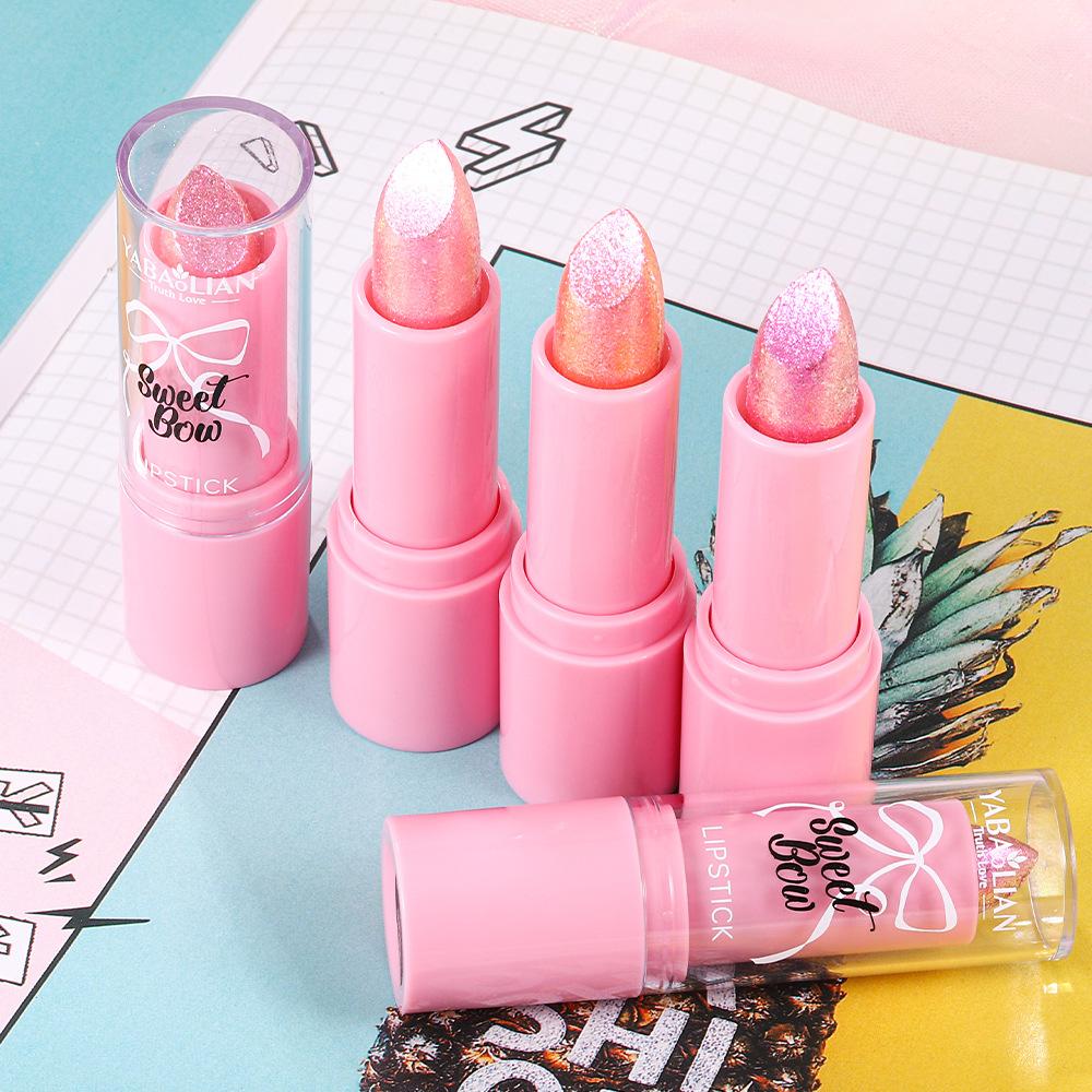 Bow Glitter Lipstick Bright Rose Pink Diamond Lipstick Mirror Pearlescent Shine Waterproof Long-Lasting Glossy Lip Tint Makeup